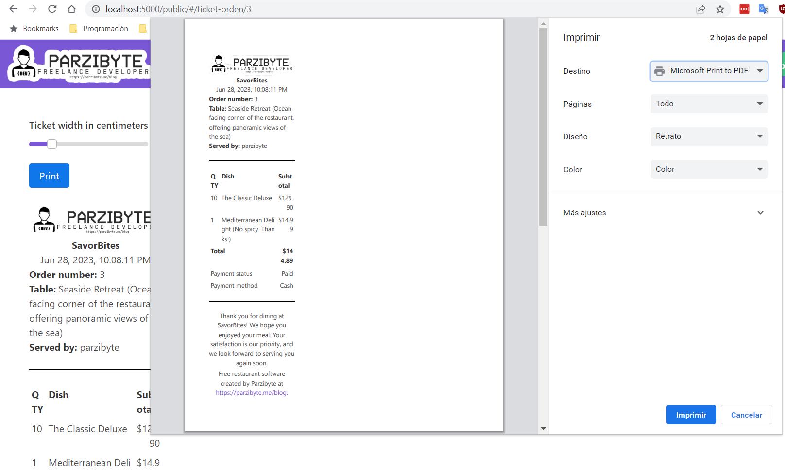 Print restaurant order ticket by using browser printer select dialog