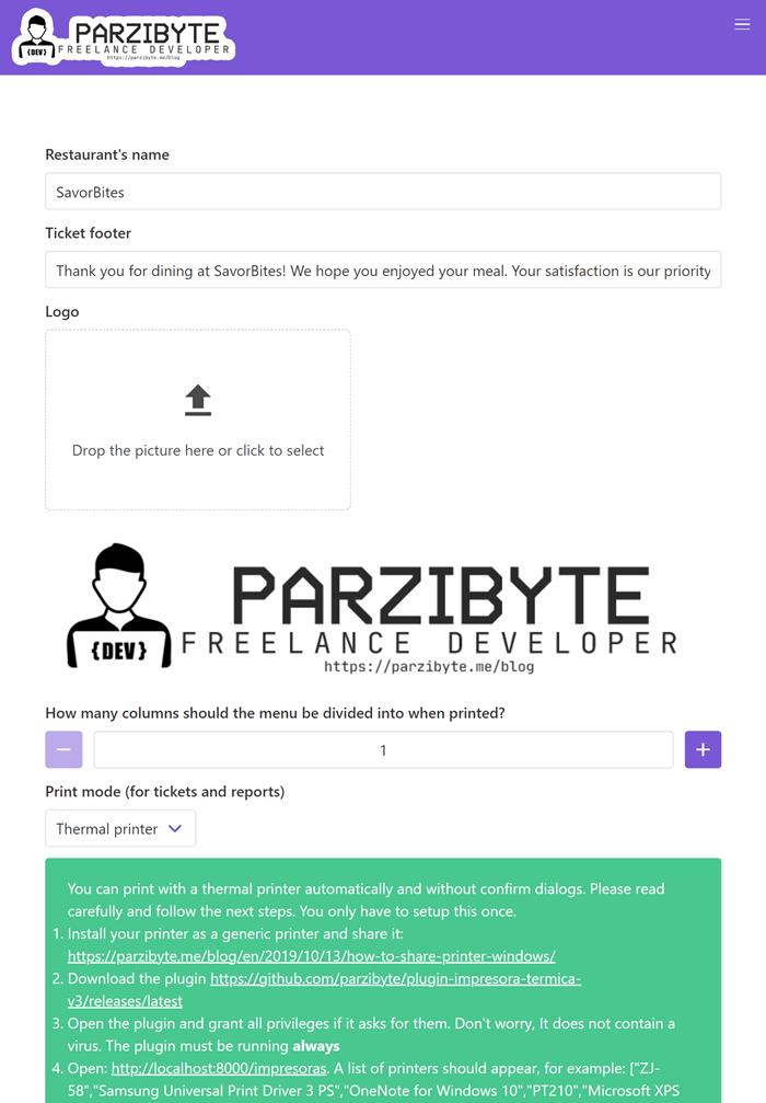 Restaurant POS free software - Setting name, footer, logo and print mode