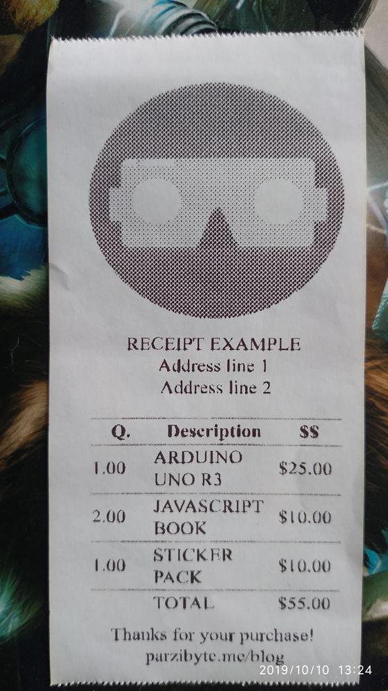 Receipt printed in thermal printer using JavaScript only
