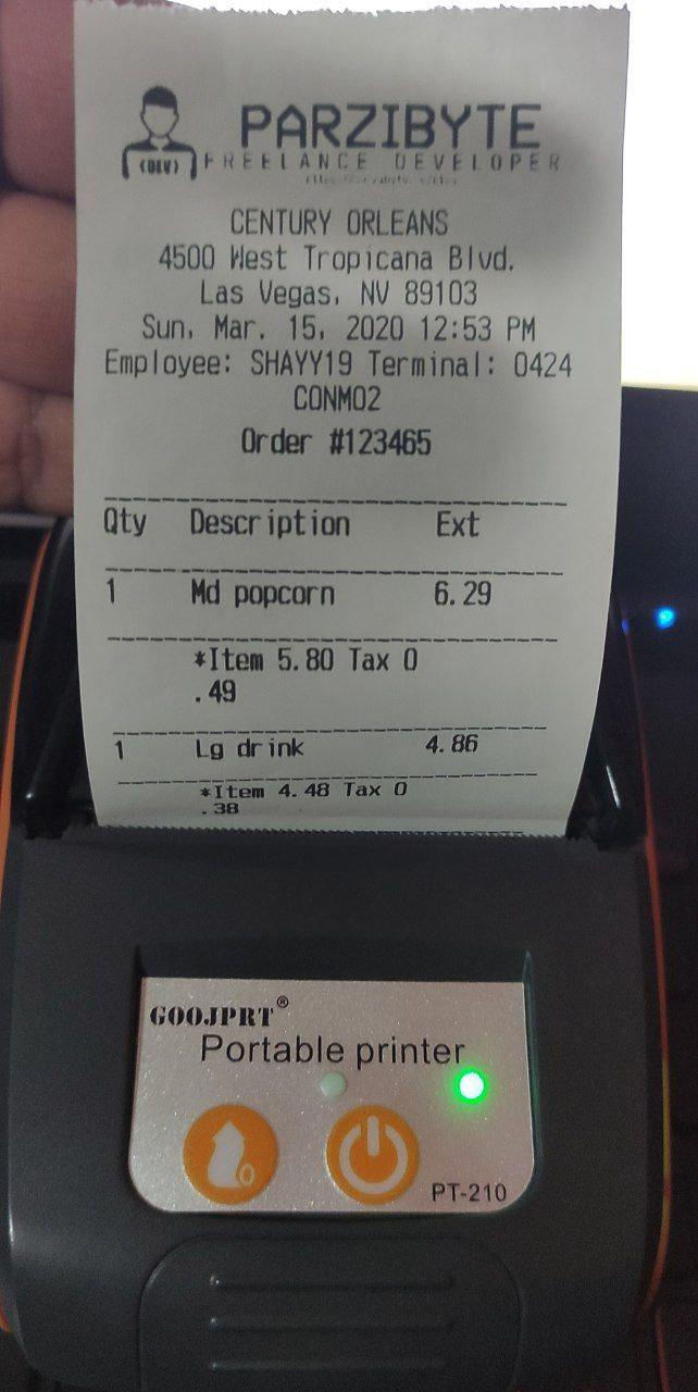 Thermal receipt designed with the free ESC POS designer for thermal printers