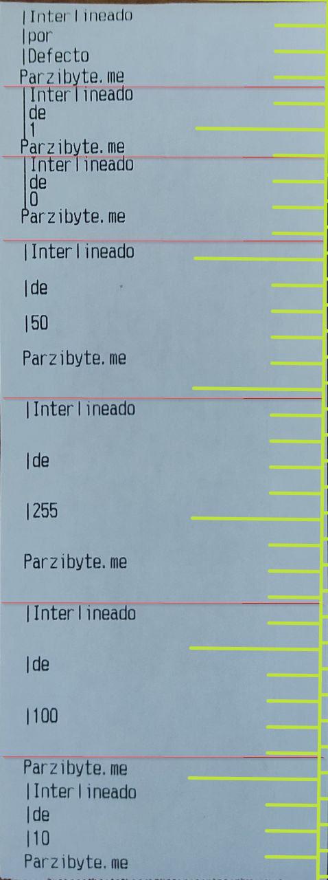 Ticket impresora térmica mostrando distintos valores de separación entre líneas