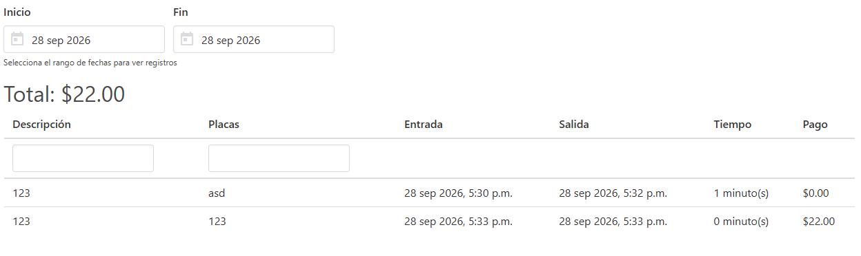 Captura de pantalla de sistema de estacionamiento con reporte de entradas y salidas resaltando que se puede cambiar el símbolo de moneda fácilmente, en este caso a pesos mexicanos