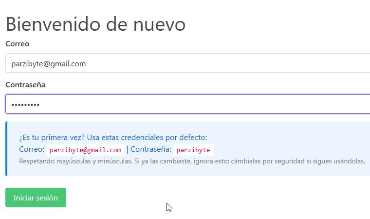 Se muestra el usuario y contraseña por defecto para iniciar sesión en software parqueadero