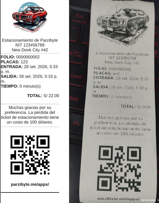 Recibo de salida impreso con software parqueadero. Se muestra ticket de salida de estacionamiento en PDF y luego impreso en impresora térmica