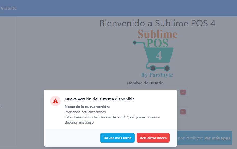 Sublime POS 4 (POS gratuito) con un cuadro de diálogo preguntando si se desea actualizar el sistema con la opción de actualizar ahora o actualizar más tarde