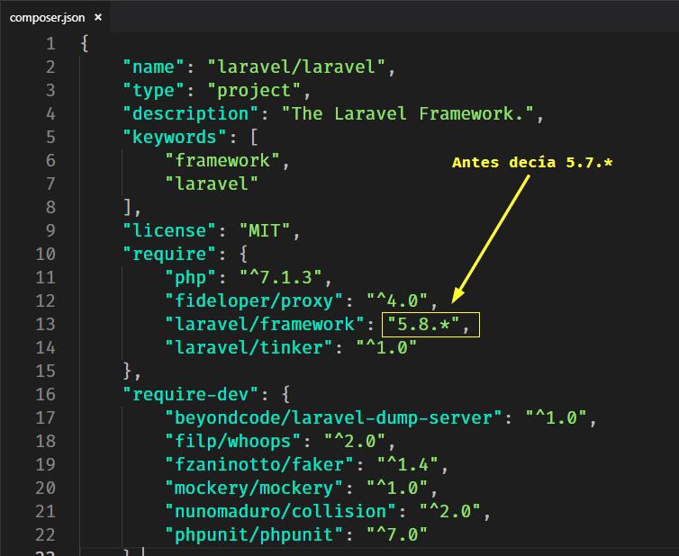 Cambiar archivo de composer para actualizar Laravel