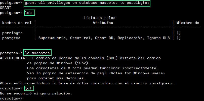 Conceder privilegios a usuario en PostgreSQL