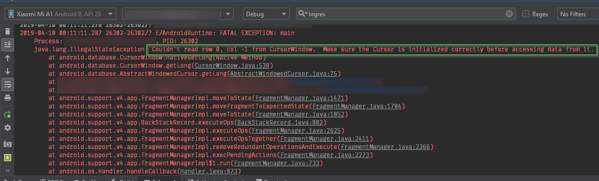 Android y SQLite - Couldnt read row 0 col -1