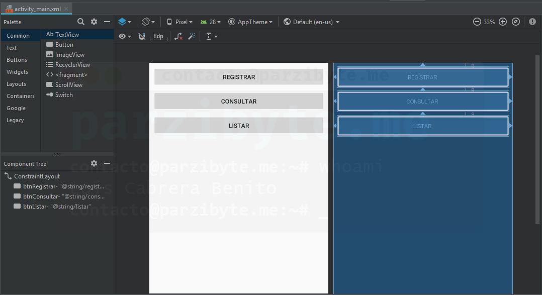 Diseño de actividad principal de Agenda en Android