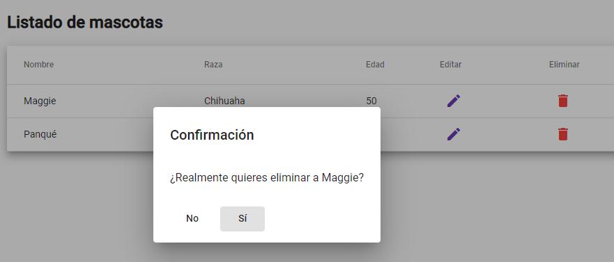 Confirmación para eliminar un valor de MySQL usando Angular