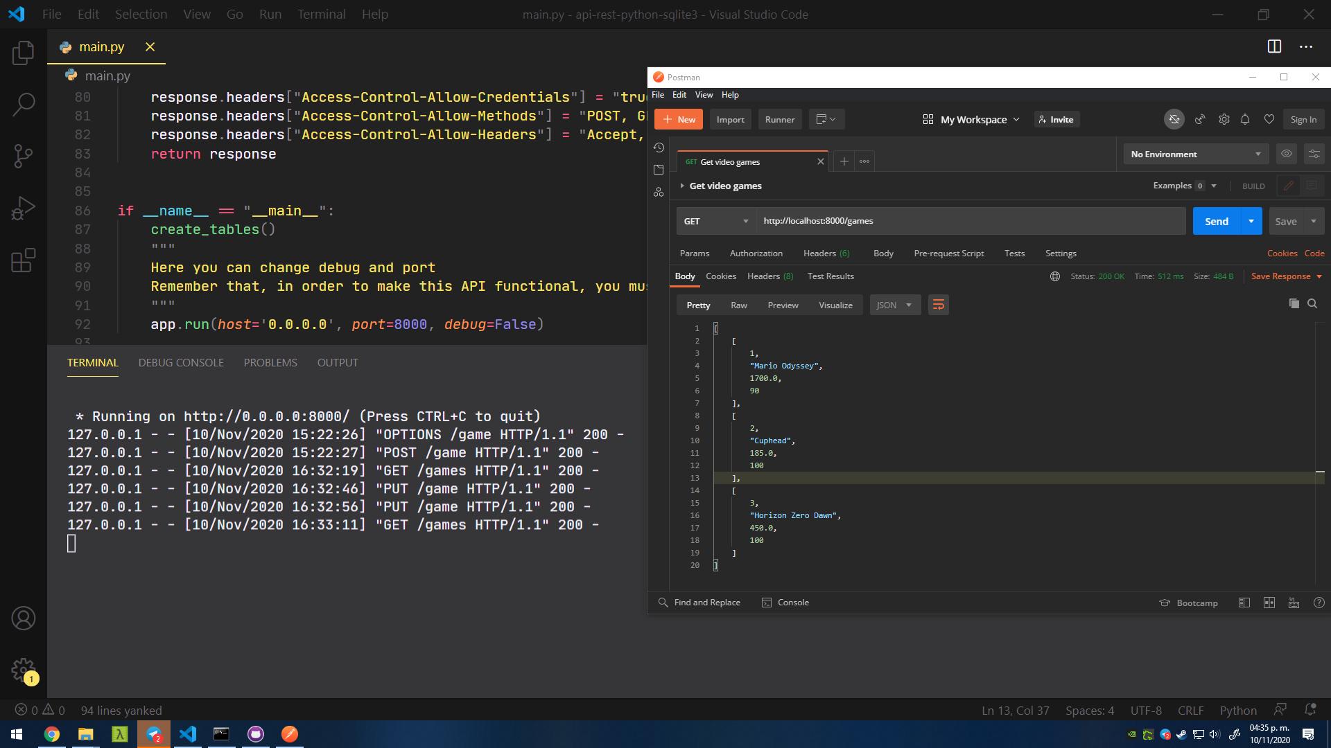 Consumiendo API REST creada con Flask y Python usando SQLite y JSON