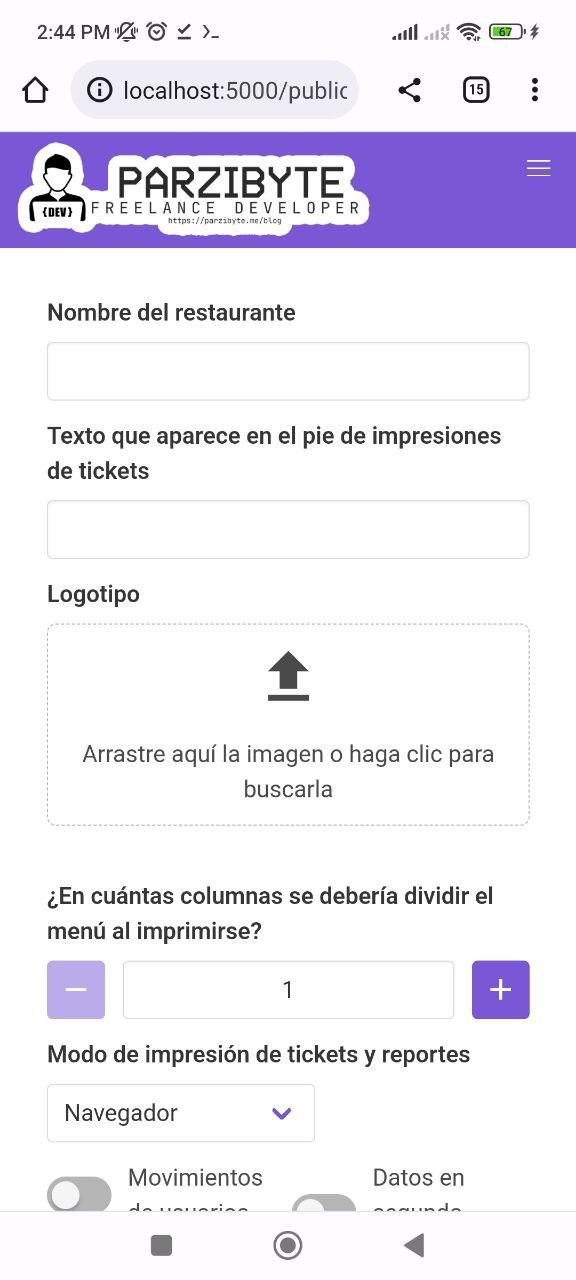 Ajustes del sistema en Android - Nombre del restaurante, logotipo, tickets