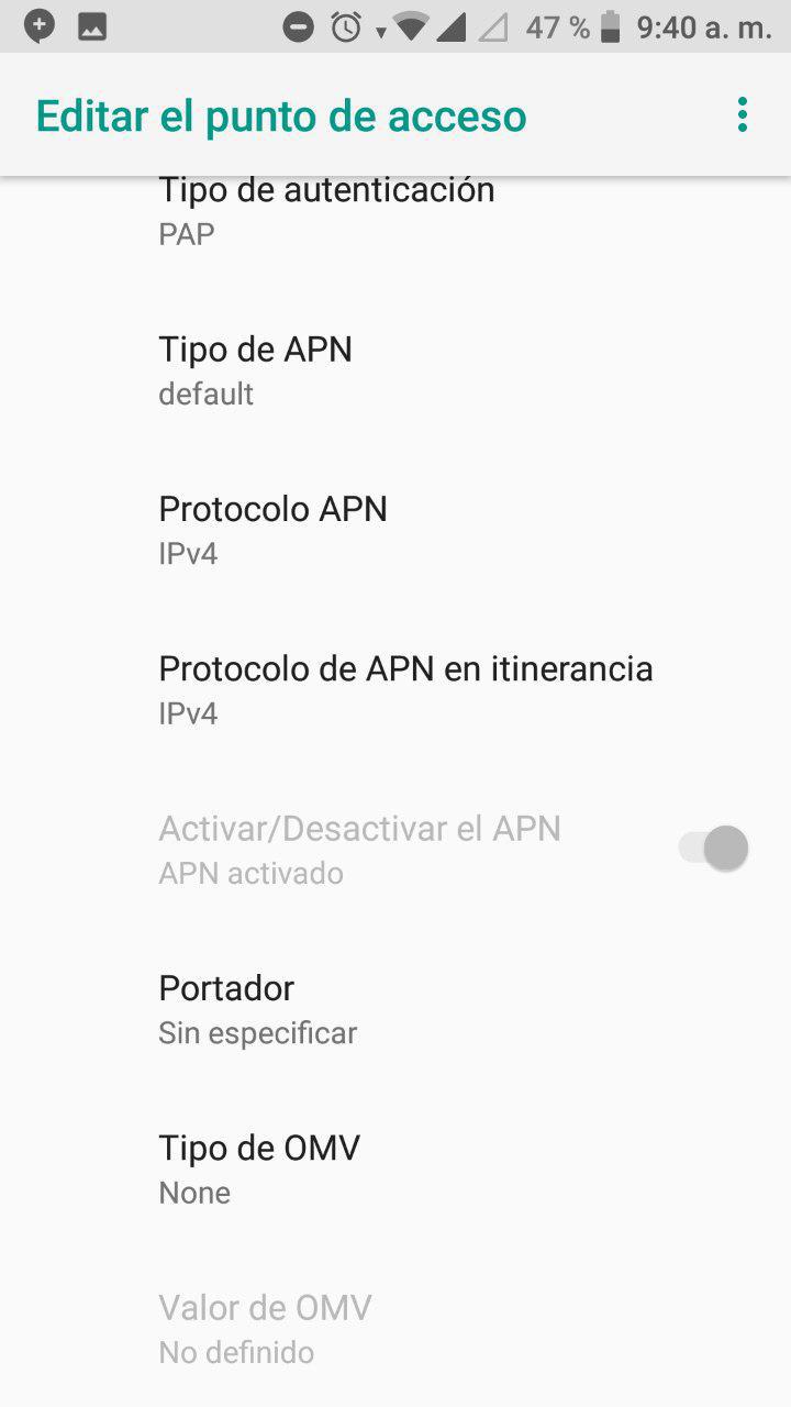 Paso 3 de configuración APN