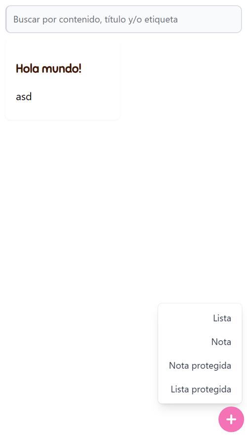 App de notas - Menú para agregar lista o nota encriptada