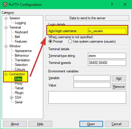 PuTTY paso 2, proporcionar usuario que se loguea