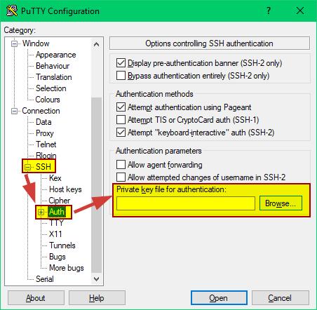 PuTTY paso 3, agregar clave privada