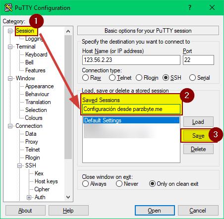 PuTTY paso 4, guardar sesión y configuraciones