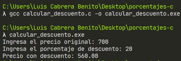 Calcular precio final con porcentaje de descuento en lenguaje C