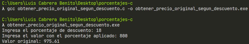 Obtener precio original según descuento usando ANSI C