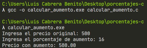Porcentaje de aumento con C