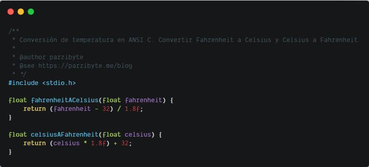 Funciones en C para convertir grados Fahrenheit y Celsius