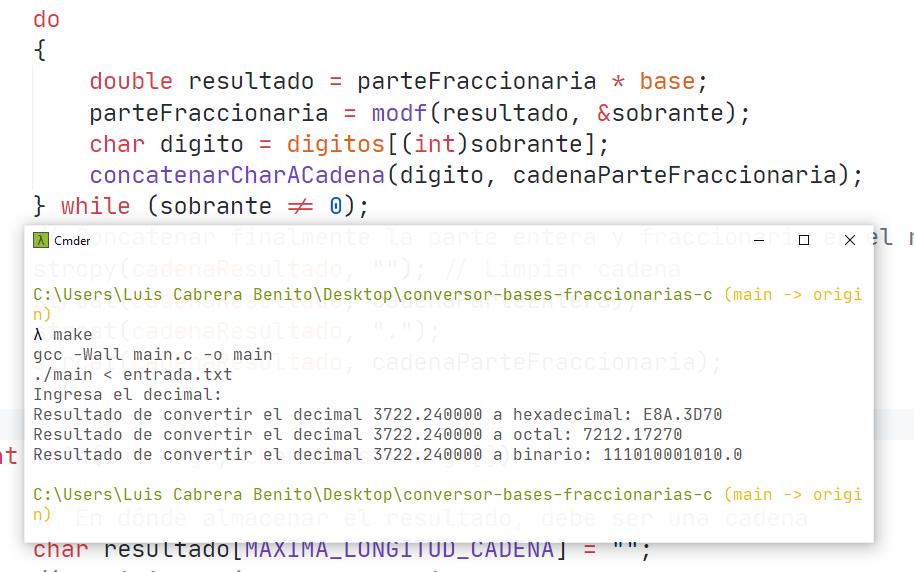 Conversión de decimal con parte fraccionaria en C