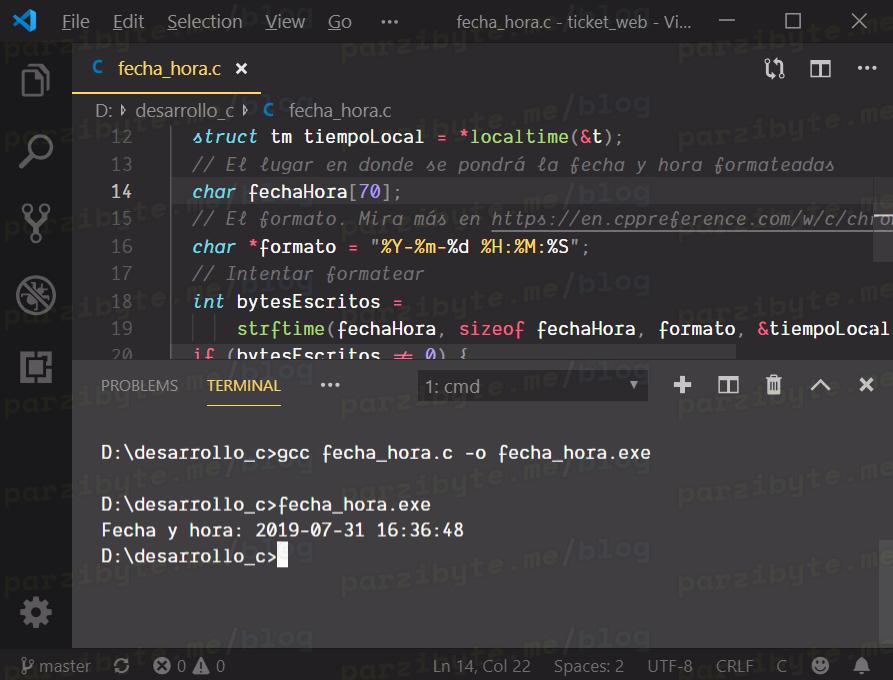 Obtener fecha actual en C - Compilación y salida del programa