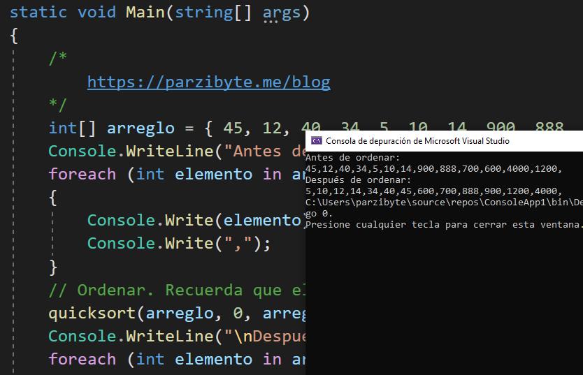 Ordenar arreglo en C# usando Quicksort - Algoritmo divide y vencerás