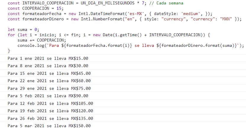 Dinero reunido en período de tiempo con JavaScript