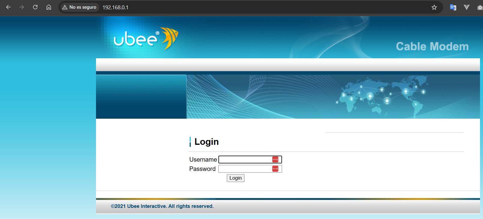 Captura de pantalla de una página web que proporciona acceso al panel de administración de la red Megacable solicitando usuario y contraseña