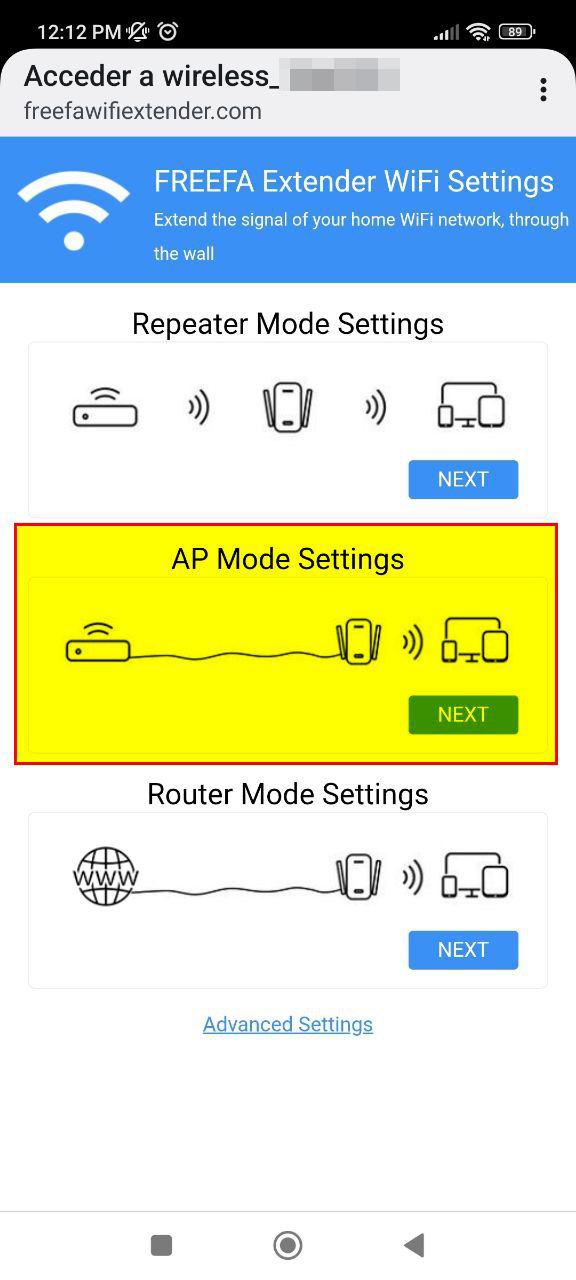 Página de configuración del repetidor AC1200M. Está resaltada la opción AP