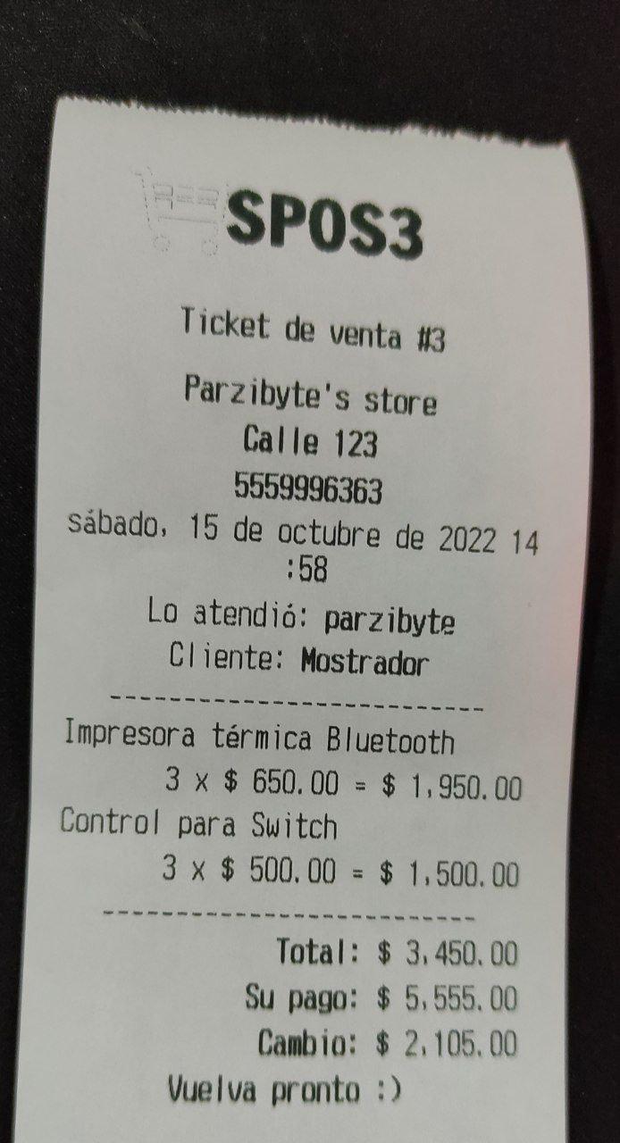 Ticket impreso con comandos ESC POS en impresora térmica