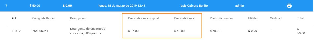 Precio de venta original y precio de venta cambiado
