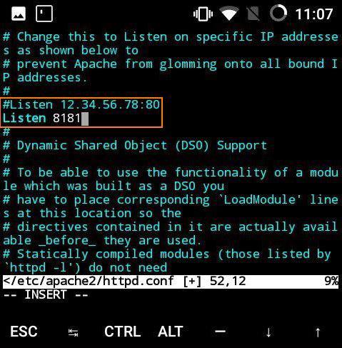 Editar httpd.conf para cambiar el puerto de escucha de Apache en app de Termux sobre Android