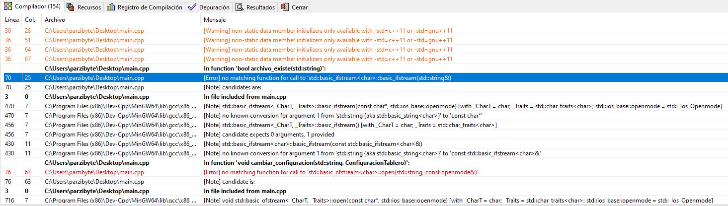 Errores al compilar proyecto de Dev-Cpp por versión de C++