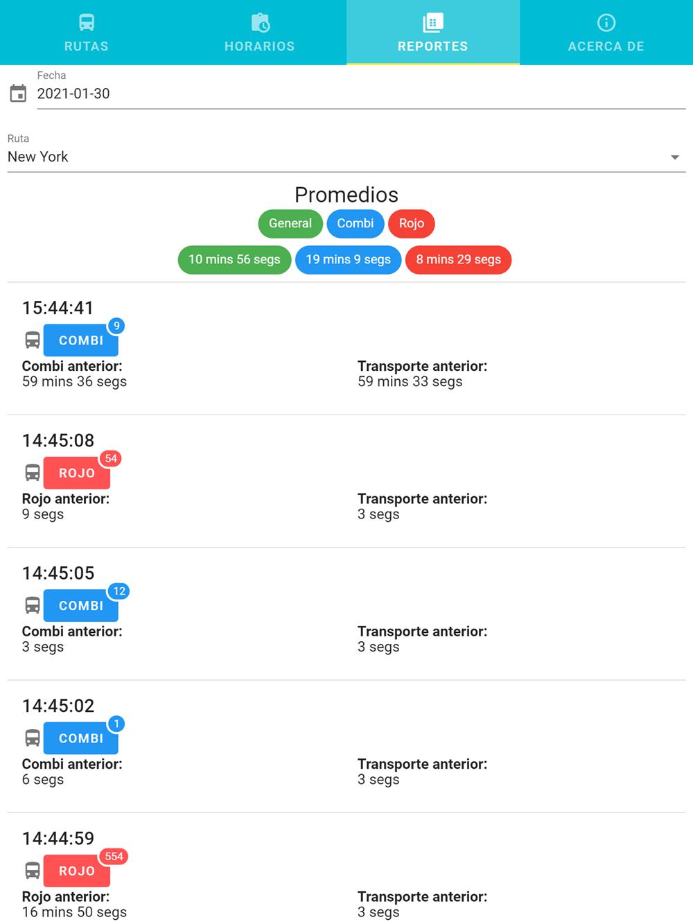 Reporte de horarios de transporte público y promedios con app checador de transporte público
