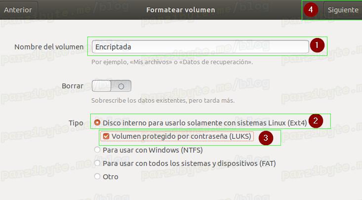 2 - Establecer nombre y proteger con LUKS usando Ext4