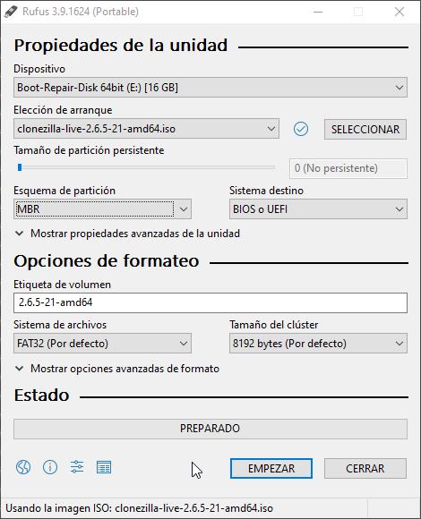 Grabar clonezilla en usb