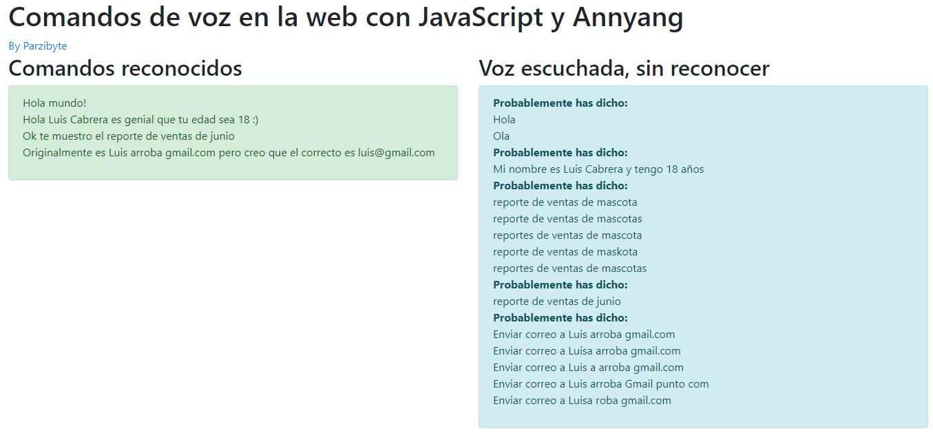 Página web para demostrar reconocimiento de voz y comandos de voz en la web con JavaScript