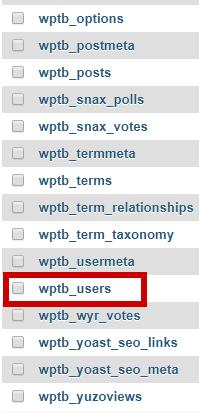Tabla de base de datos para aprender cómo reiniciar contraseña de WordPress