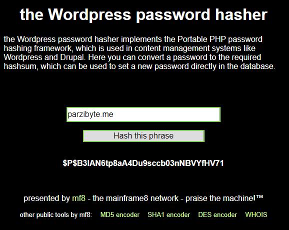 Generación de un nuevo hash con the wordpress password hasher
