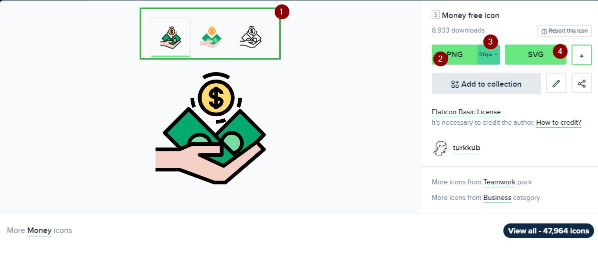 Elegir SVG o PNG, así como las variantes y tamaños del icono