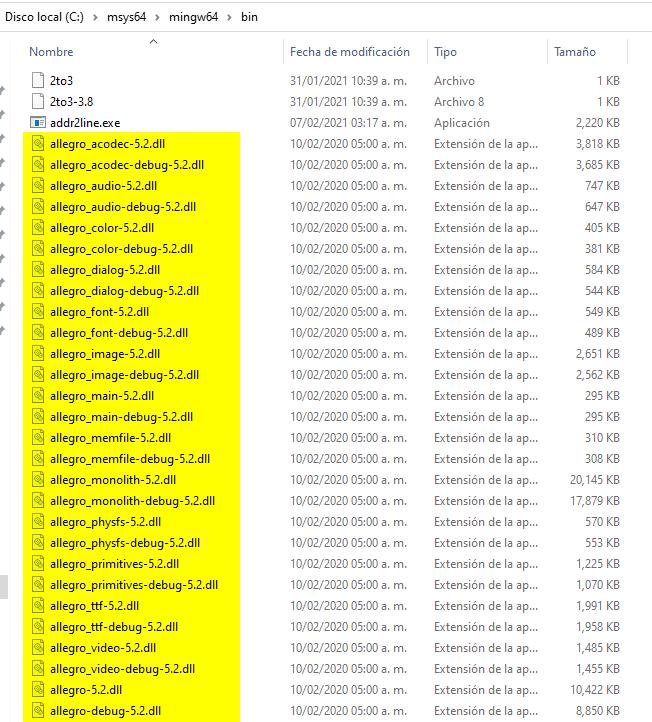 Agregar dll de allegro a bin en mingw64 para compilar desde Windows