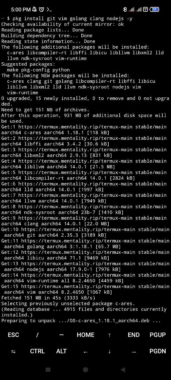 Instalando git, vim, node, go y gcc para compilar sistema de ventas para Android