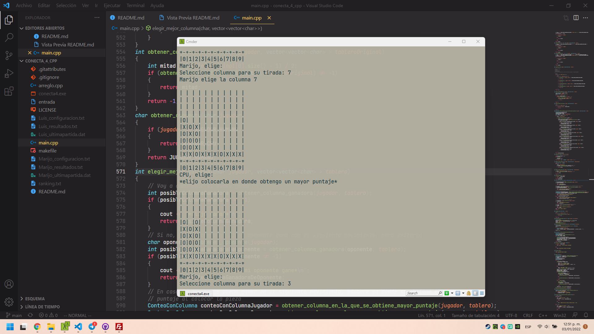 Conecta 4 en C++ - Jugar partida contra CPU (inteligencia artificial)
