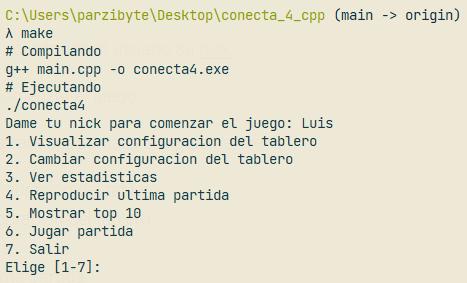 Menú para jugar Conecta 4 en C++