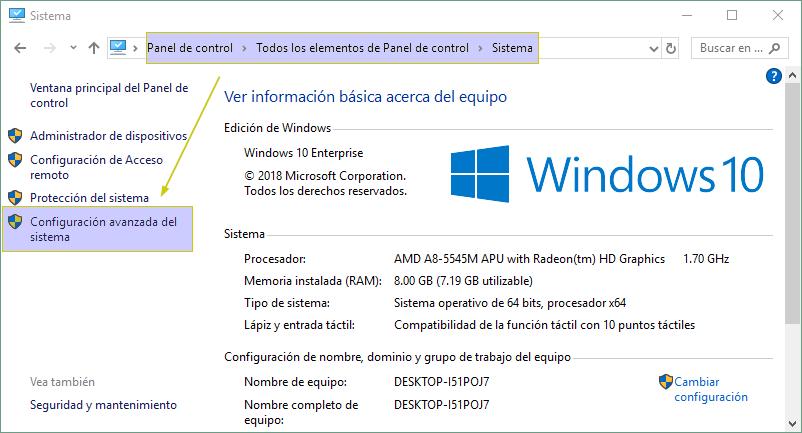 Panel de control > Sistema > Configuración avanzada