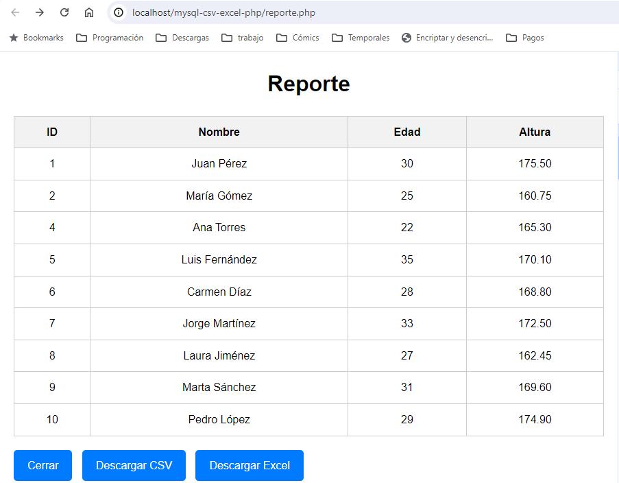 Reporte MySQL como HTML - Listo para exportar como CSV o Excel