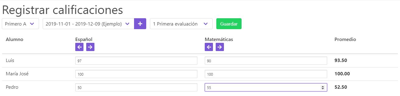 Interfaz web para ingresar calificaciones de cada alumno por cada materia