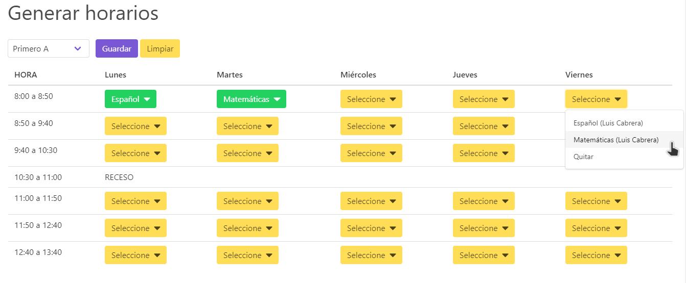 Crear horarios de clase y asignar docentes por materia en control escolar